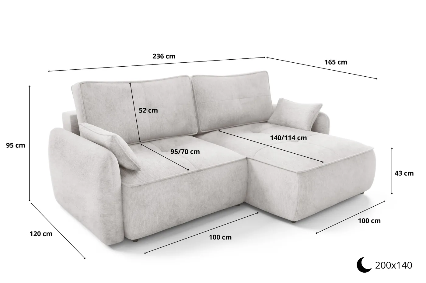 Wymiary narożnika Yosef 236 × 165 cm